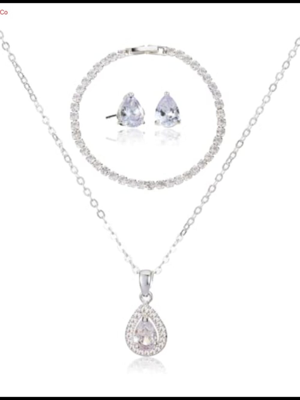Cubic Zirconia Teardrop Pendant Necklace Earring Tennis Bracelet Set